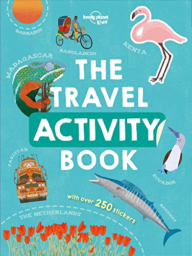 Children’s activity book cover with travel illustrations and colorful stickers.