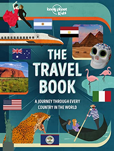 Cover of The Travel Book Lonely Planet Kids featuring global landmarks, animals, and flags.