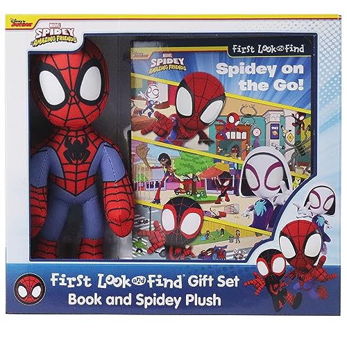 Spidey plush and a “First Look and Find” book in a gift box.