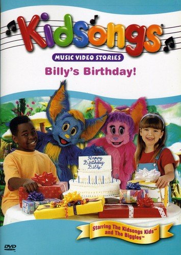 DVD cover for “Kidsongs: Billy’s Birthday” featuring children and purple monsters.