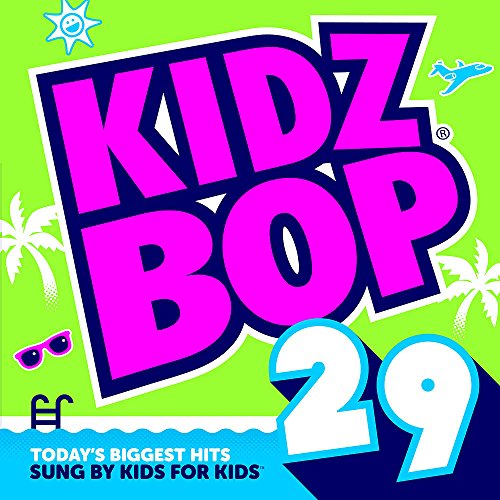 Kidz Bop 29 CD cover with bright pink logo, palm trees, and sunglasses.