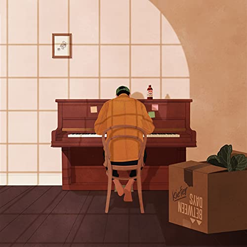 Person seated at a piano in a warmly colored, illustrated room.