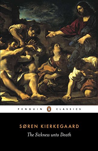 Book cover featuring a Baroque painting of figures and text: “The Sickness unto Death.”