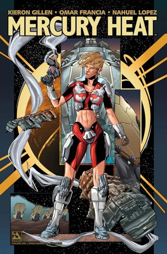 Comic book cover: woman in futuristic armor against a space background.