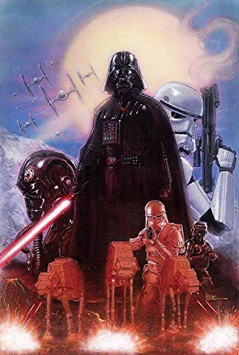 Darth Vader stands with stormtroopers amidst a space battle scene.