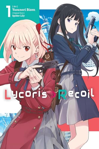 Manga cover featuring two young women holding guns, with city backdrop.