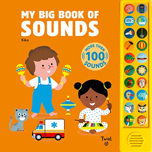 Orange children’s sound book with illustrated kids and sound buttons.