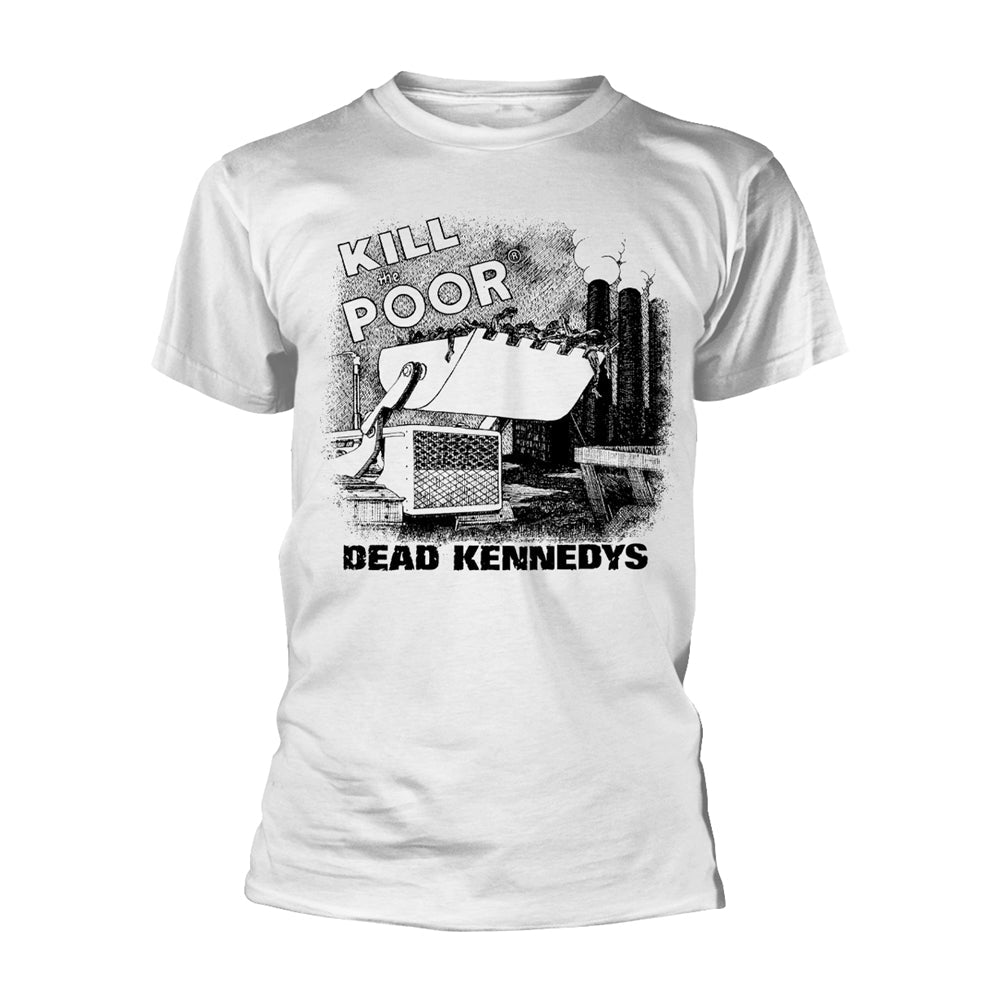 White t-shirt with graphic of a bulldozer and text "KILL THE POOR".