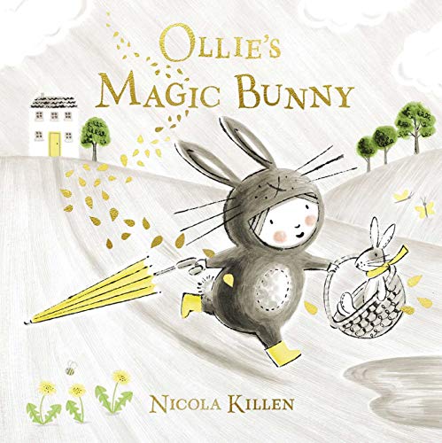 Child in bunny costume runs with a basket holding a small bunny.
