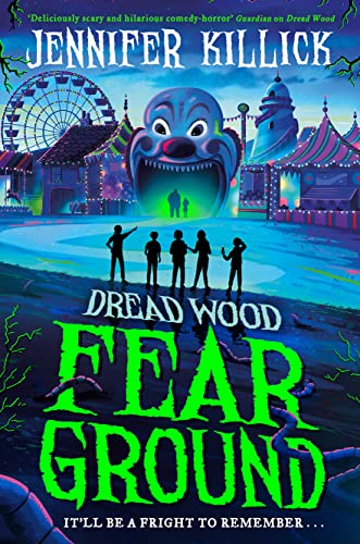 Book cover: a scary clown face looms over children at a fairground.