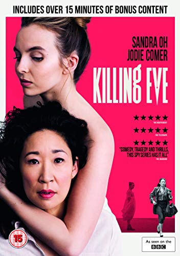 DVD cover for Killing Eve featuring portraits of Sandra Oh and Jodie Comer.