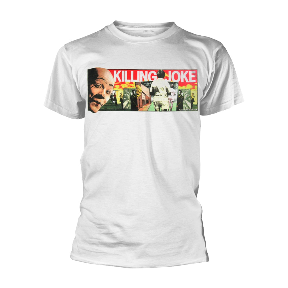 White t-shirt with a colorful Killing Joke band photo print on the front.