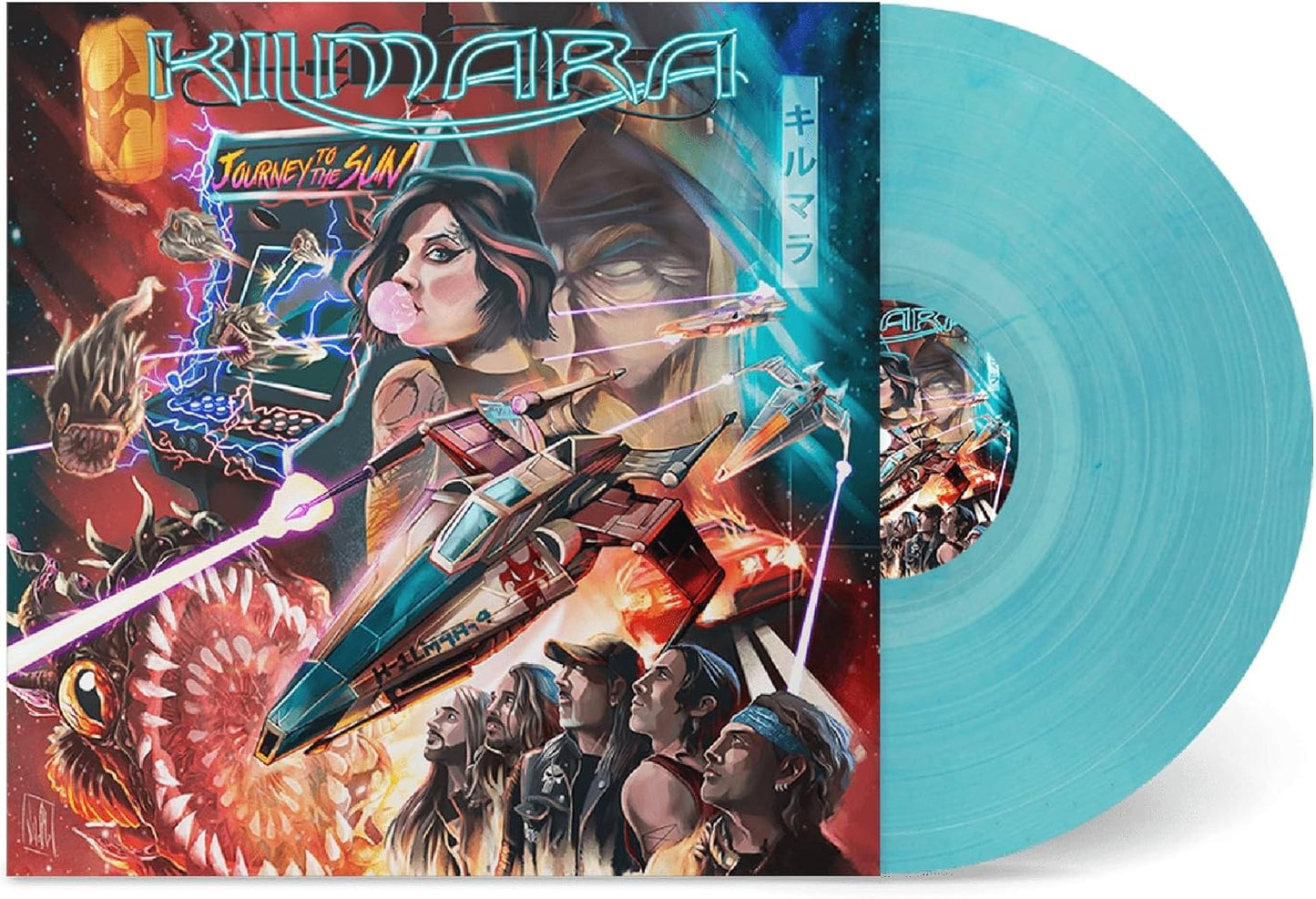 Vinyl record cover with sci-fi art of spaceships and figures.