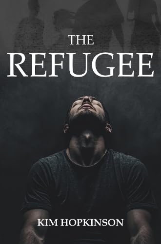 Book cover: a man looking up, shadowed figures, title “The Refugee”.