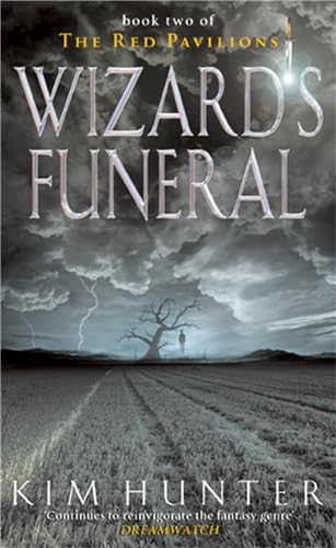 Book cover: stormy landscape with a lone figure and title “Wizard’s Funeral”.
