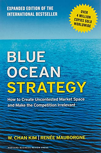 Book cover of Blue Ocean Strategy with blue ocean background and yellow text.