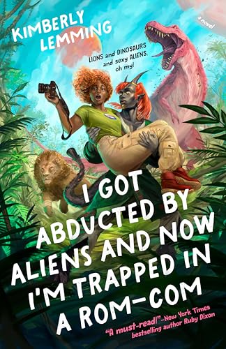 A horned alien carries a woman in a jungle with a lion and dinosaur.