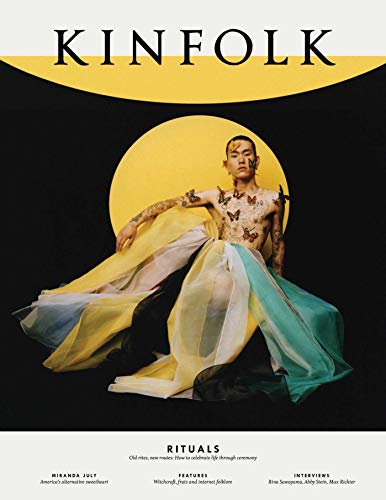 Kinfolk magazine cover featuring a person adorned with butterflies, against a yellow circle.
