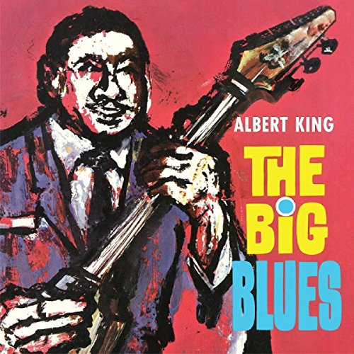 Colorful abstract painting of a man playing a guitar with "Albert King The Big Blues."