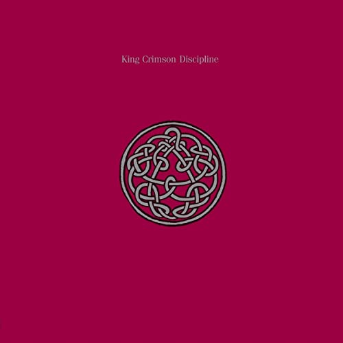 King Crimson Discipline album cover with a grey knot design on a magenta background.