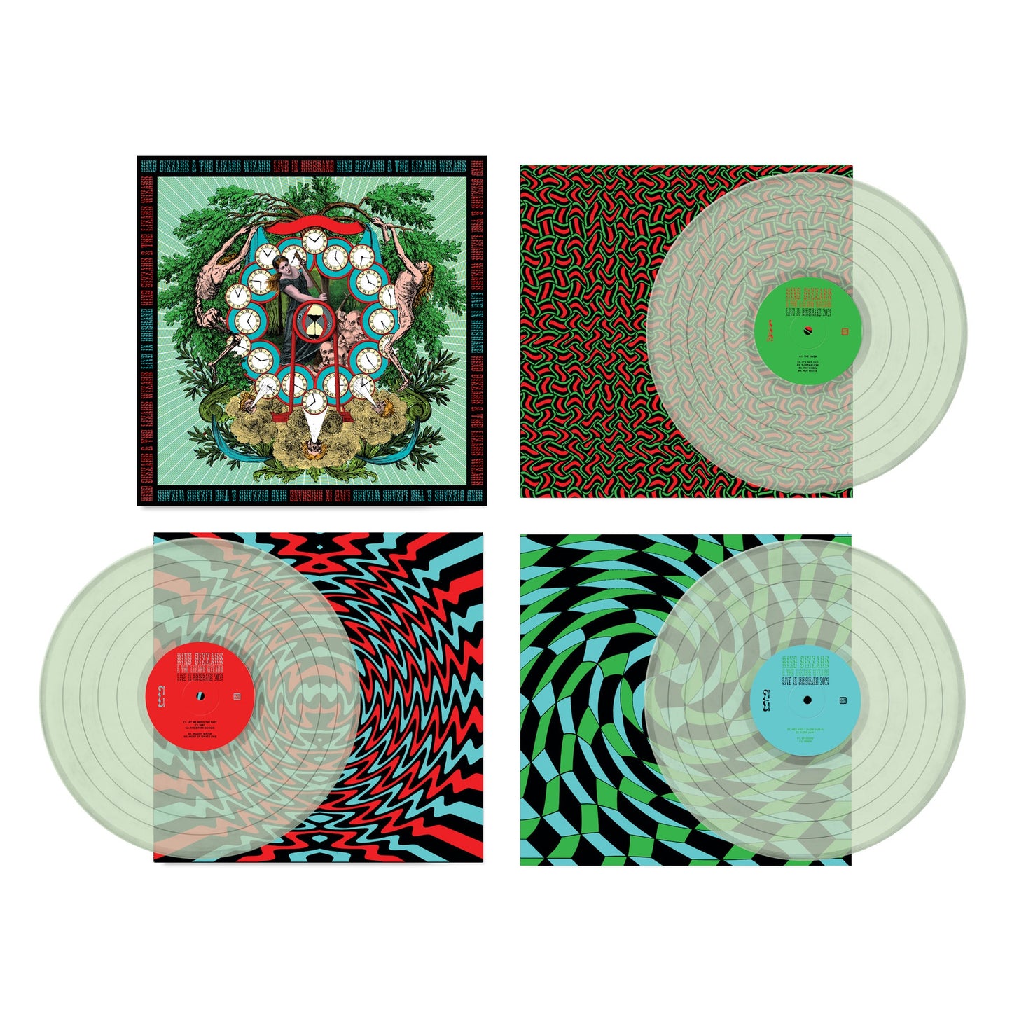 Vinyl record set with psychedelic cover art and three light green colored discs.