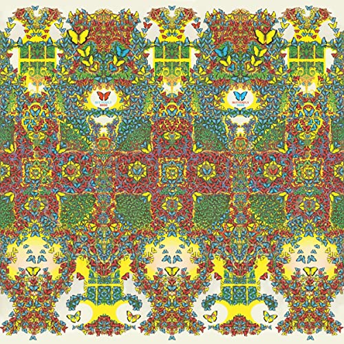 Symmetrical album cover with repeating butterfly and floral patterns in vibrant colors.