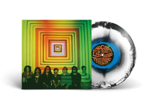 Vinyl record and cover featuring a colorful tunnel graphic and a band portrait.