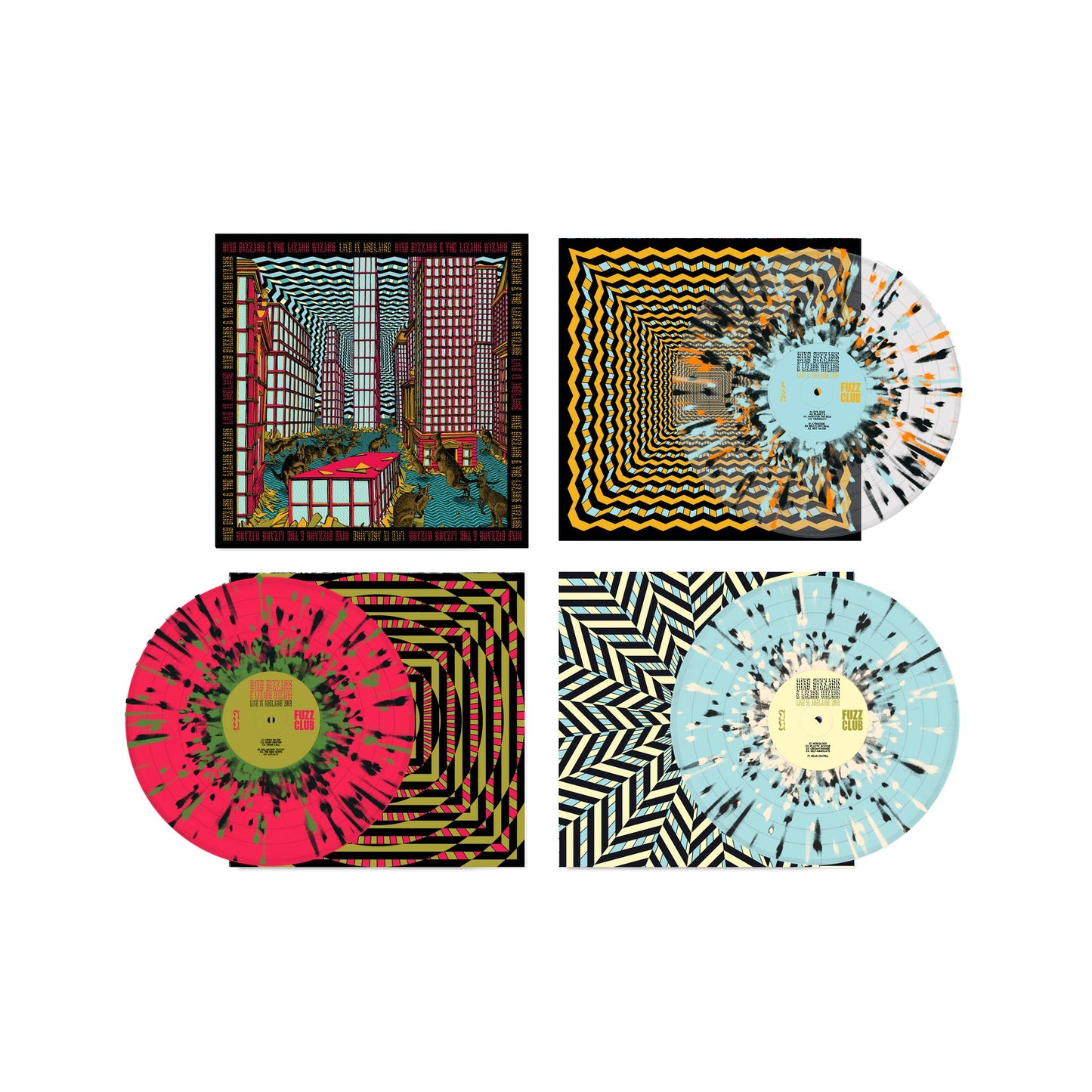 Four colourful vinyl records with wavy, psychedelic album art.