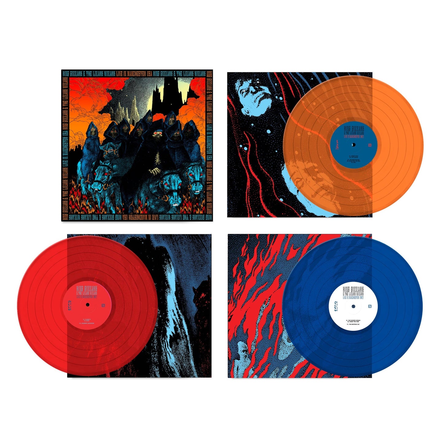 King Gizzard vinyl set featuring illustrated covers and orange, red, and blue translucent records.