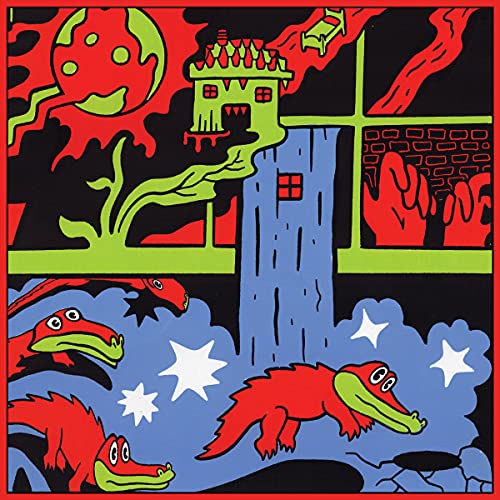 Red and green illustrated album cover with a house, dragons, and stars.