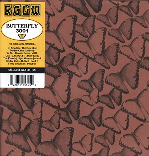 Vinyl cover with a brown butterfly pattern and a yellow text label on left.