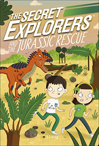 Book cover: children running from a dinosaur in a jungle.