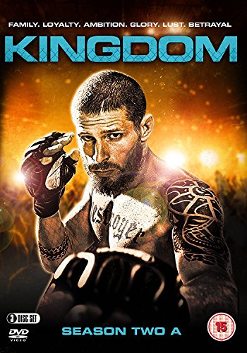 "DVD cover of 'Kingdom - Season 2 Vol 1' featuring a tattooed fighter in gloves."