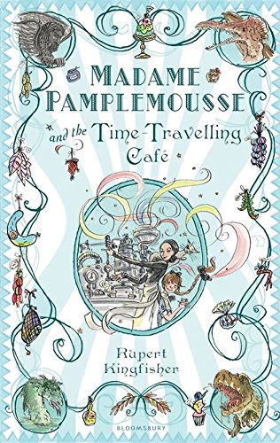 Book cover with illustrated café scene, dinosaurs, and ornate blue border.
