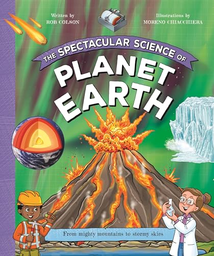 Book cover depicting Earth’s geology with a volcano, glacier, and scientists.