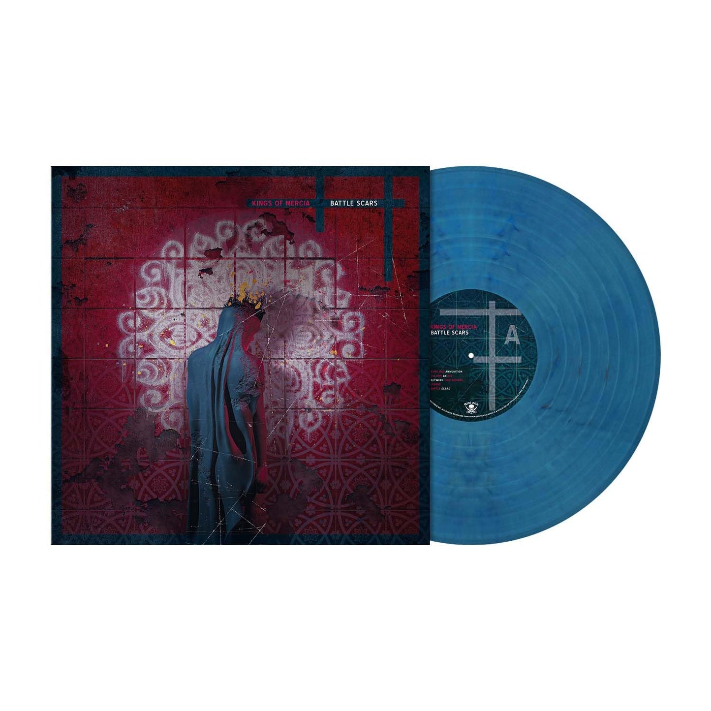 Kings of Mercia Battle Scars vinyl album cover and blue marbled vinyl record.