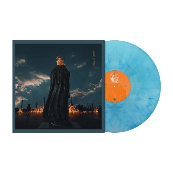 Vinyl record with blue and orange swirl, album cover showing a figure.