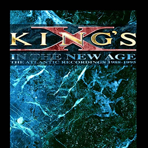Kings X album cover, marbled blue and green with red band logo.
