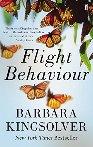 Book cover for Flight Behaviour by Barbara Kingsolver featuring orange monarch butterflies on branches.