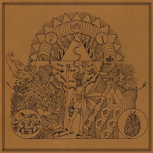 Intricate line art of a figure amidst natural and geometric elements.