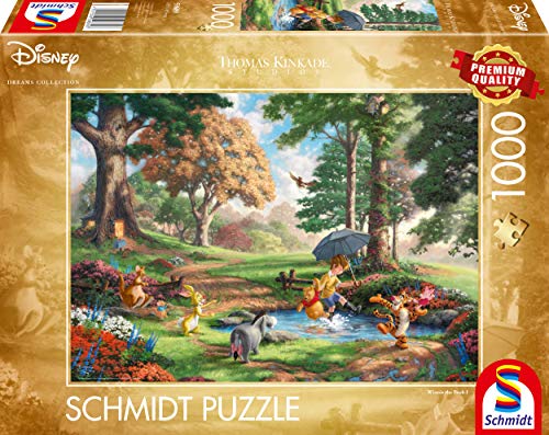 A 1000-piece Schmidt puzzle box featuring a Thomas Kinkade Winnie the Pooh forest scene.