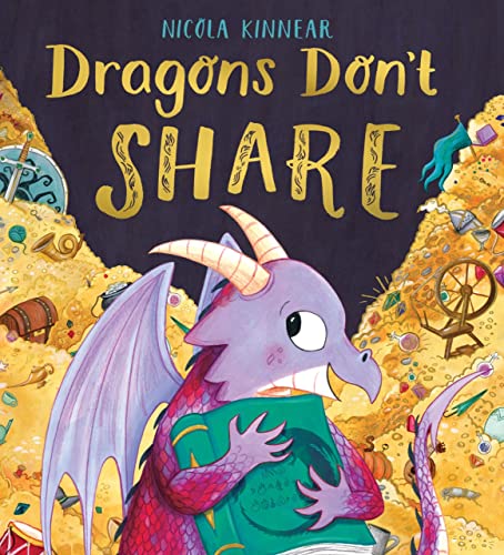 Purple dragon hugging a green book amidst a colorful treasure hoard.
