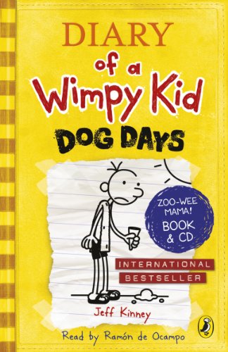 Book cover: "Diary of a Wimpy Kid: Dog Days" with cartoon boy illustration.