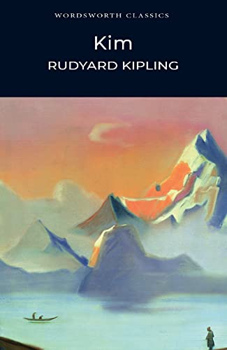 Book cover for Kim by Rudyard Kipling featuring a painting of mountains and water.