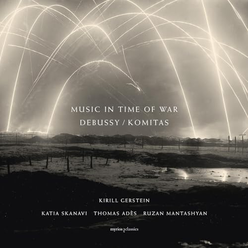 CD cover for "Music in Time of War" by Debussy/Komitas, featuring abstract light streaks.