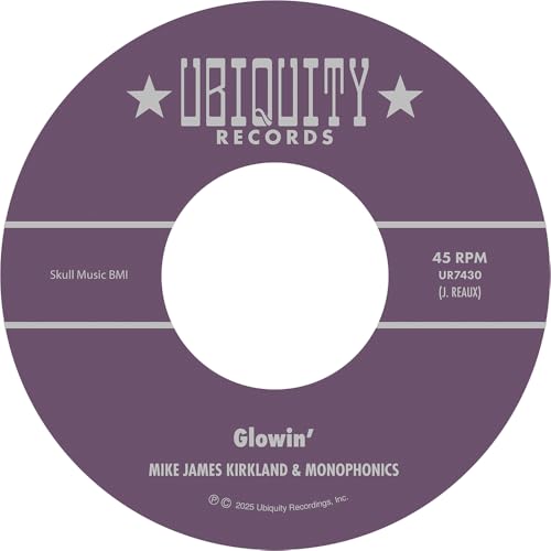 Purple vinyl record label with white text: "Glowin'" by Mike James Kirkland & Monophon.