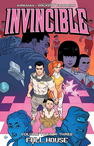 Invincible Volume 23 cover: superheroes, family, and a futuristic cityscape.