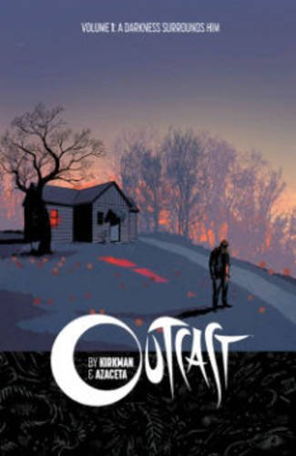 A man walks near a house at sunset on the Outcast graphic novel cover.