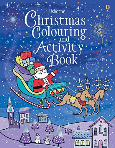Christmas colouring and activity book cover with Santa and reindeer.