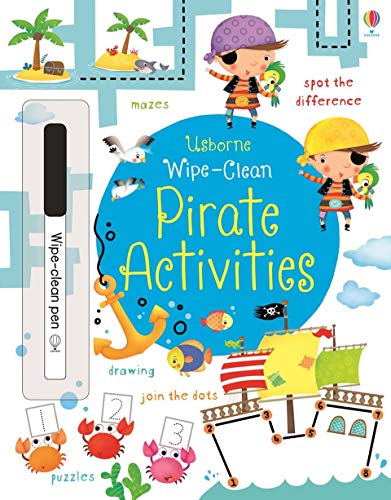 Colorful pirate-themed activity book with mazes, puzzles, and drawing prompts.